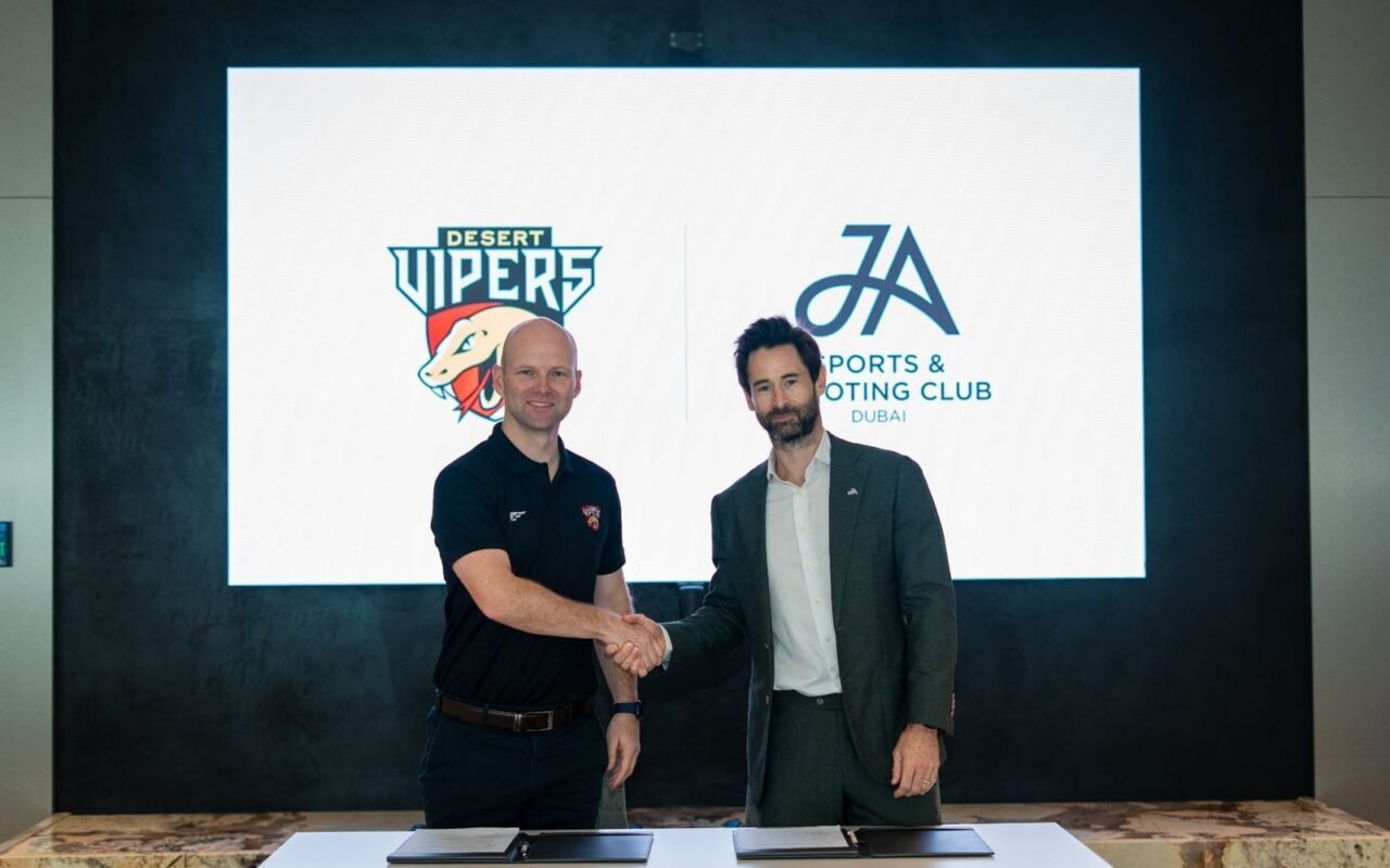 Desert Vipers chief executive Phil Oliver and JA Sports & Shooting Club general manager Stuart Gibb shake hands after signing a three-year partnership