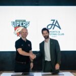 Desert Vipers chief executive Phil Oliver and JA Sports & Shooting Club general manager Stuart Gibb shake hands after signing a three-year partnership