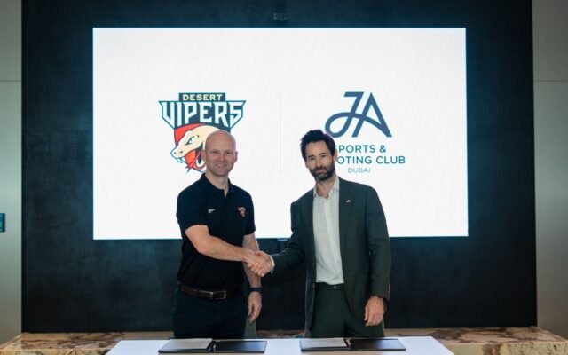 Desert Vipers chief executive Phil Oliver and JA Sports & Shooting Club general manager Stuart Gibb shake hands after signing a three-year partnership