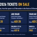 Graphic of ILT20 2026 ticket prices: all 34 matches on sale, from AED 20 in Dubai, Abu Dhabi and Sharjah, the final from AED 30, children from AED 10 and under 5s free