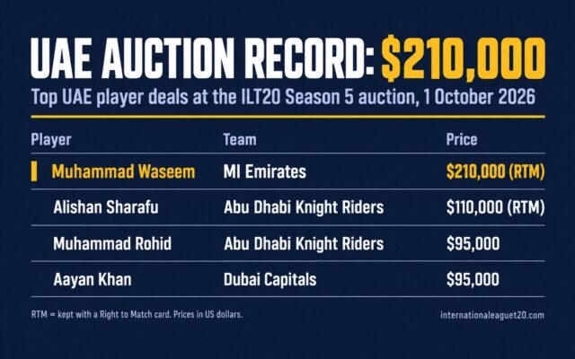Table of the top UAE player deals at the ILT20 Season 5 auction: Muhammad Waseem, MI Emirates, $210,000 (RTM); Alishan Sharafu, Abu Dhabi Knight Riders, $110,000 (RTM); Muhammad Rohid, Abu Dhabi Knight Riders, $95,000; Aayan Khan, Dubai Capitals, $95,000