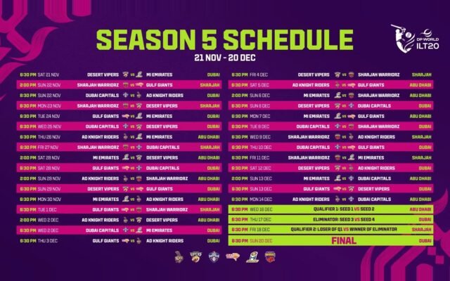 Official ILT20 Season 5 schedule graphic listing all 34 matches from 21 November to 20 December 2026