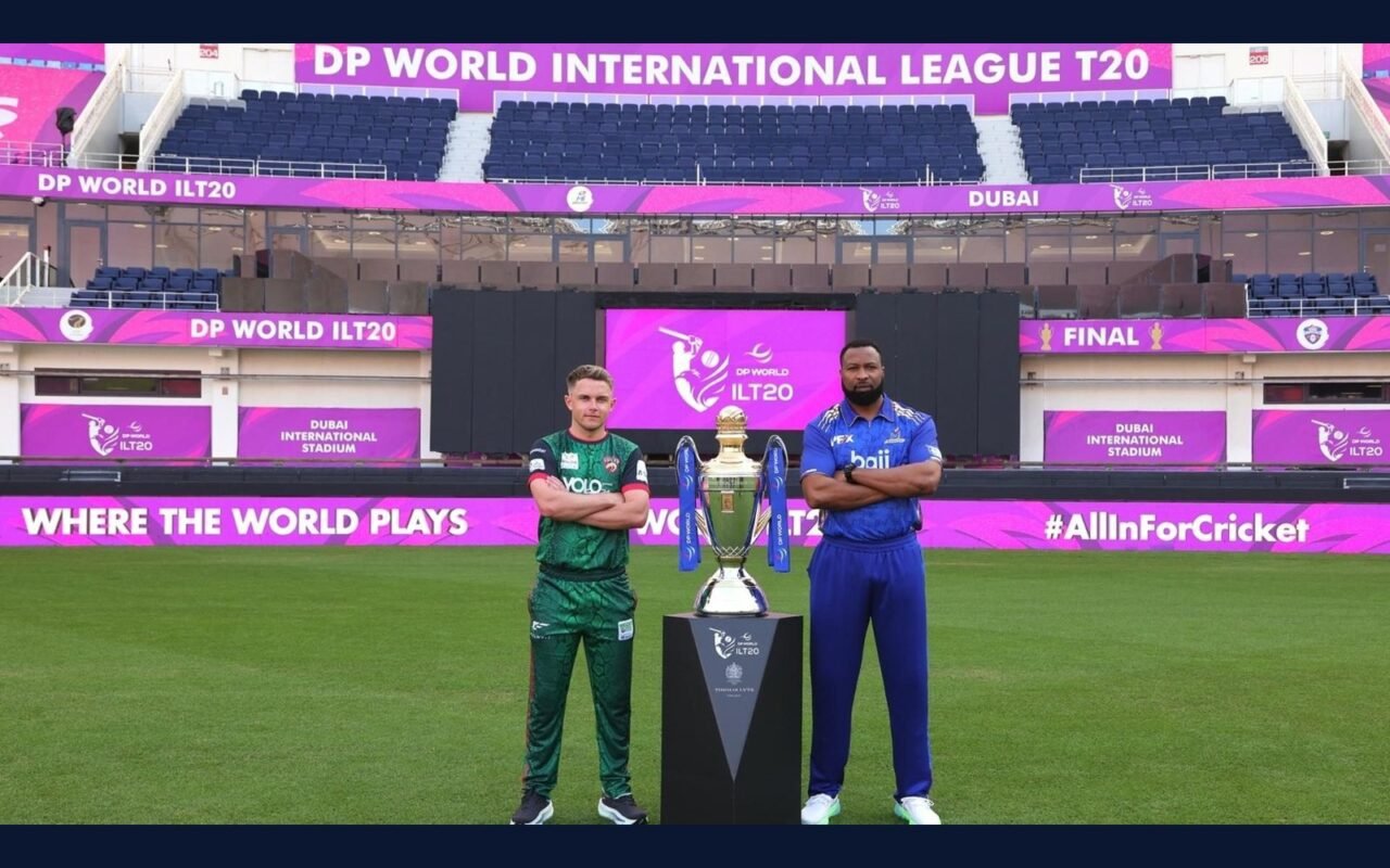 The ILT20 trophy on its black Thomas Lyte plinth at Dubai International Stadium, with Sam Curran of Desert Vipers and Kieron Pollard of MI Emirates before the Season 4 final