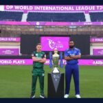 The ILT20 trophy on its black Thomas Lyte plinth at Dubai International Stadium, with Sam Curran of Desert Vipers and Kieron Pollard of MI Emirates before the Season 4 final