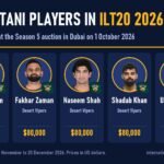 Graphic of the five Pakistani players in ILT20 2026 with their official headshots and team logos: Babar Azam, Fakhar Zaman, Naseem Shah and Shadab Khan of Desert Vipers and Usman Tariq of Abu Dhabi Knight Riders, each bought for $80,000